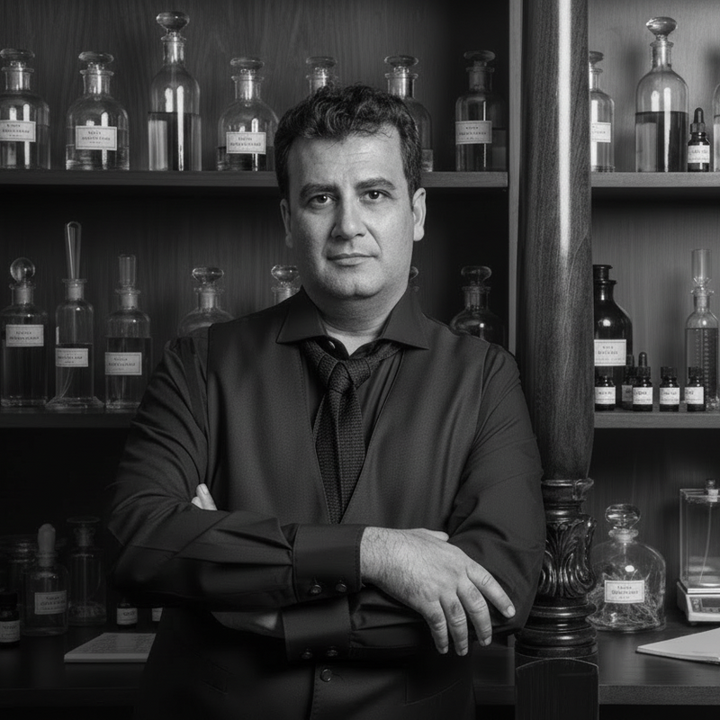 Man standing in front of shelves filled with labeled bottles in a laboratory setting
