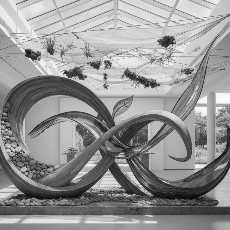 Large abstract sculpture in a modern indoor setting with high ceilings and large windows.